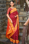 Rang Mahal Exclusive ~ Handloom Pure Silk Bandhani Paithani in Parrot Pallu in Deep Red with Pink (With Silk Mark) - verymuchindian.com