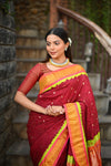 Rang Mahal Exclusive ~ Handloom Pure Silk Bandhani Paithani in Parrot Pallu in Deep Red with Pink (With Silk Mark) - verymuchindian.com