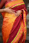 Rang Mahal Exclusive ~ Handloom Pure Silk Bandhani Paithani in Parrot Pallu in Deep Red with Pink (With Silk Mark) - verymuchindian.com