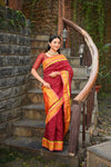 Rang Mahal Exclusive ~ Handloom Pure Silk Bandhani Paithani in Parrot Pallu in Deep Red with Pink (With Silk Mark) - verymuchindian.com