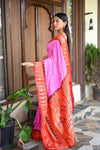Rang Mahal Exclusive ~ Handloom Pure Silk Bandhani Paithani with Double Pallu in Pink with Orange (With Silk Mark) - verymuchindian.com
