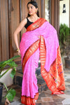 Rang Mahal Exclusive ~ Handloom Pure Silk Bandhani Paithani with Double Pallu in Pink with Orange (With Silk Mark) - verymuchindian.com
