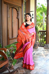 Rang Mahal Exclusive ~ Handloom Pure Silk Bandhani Paithani with Double Pallu in Pink with Orange (With Silk Mark) - verymuchindian.com