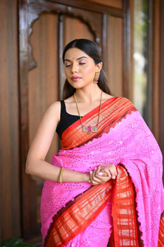 Rang Mahal Exclusive ~ Handloom Pure Silk Bandhani Paithani with Double Pallu in Pink with Orange (With Silk Mark) - verymuchindian.com