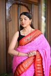 Rang Mahal Exclusive ~ Handloom Pure Silk Bandhani Paithani with Double Pallu in Pink with Orange (With Silk Mark) - verymuchindian.com