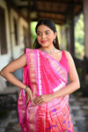 Rang Mahal Exclusive ~ Handloom Pure Silk Bandhani Paithani with Double Pallu in Pink (With Silk Mark) - verymuchindian.com