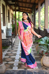 Rang Mahal Exclusive ~ Handloom Pure Silk Bandhani Paithani with Double Pallu in Royal Blue with Pink (With Silk Mark) - verymuchindian.com