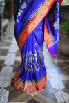 Rang Mahal Exclusive ~ Premium! Handloom Pure Silk Muniya Border Half All Over Paithani with Rose Vines in Royal Blue (With Silk Mark) - verymuchindian.com