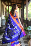 Rang Mahal Exclusive ~ Premium! Handloom Pure Silk Muniya Border Half All Over Paithani with Rose Vines in Royal Blue (With Silk Mark) - verymuchindian.com