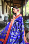 Rang Mahal Exclusive ~ Premium! Handloom Pure Silk Muniya Border Half All Over Paithani with Rose Vines in Royal Blue (With Silk Mark) - verymuchindian.com