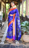 Rang Mahal Exclusive ~ Premium! Handloom Pure Silk Muniya Border Half All Over Paithani with Rose Vines in Royal Blue (With Silk Mark) - verymuchindian.com