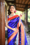 Rang Mahal Exclusive ~ Premium! Handloom Pure Silk Muniya Border Half All Over Paithani with Rose Vines in Royal Blue (With Silk Mark) - verymuchindian.com