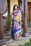 Rang Mahal ~ Gadwal Pure Silk Handloom Saree in Dual Tone Gold Blue (With Silk Mark) - verymuchindian.com