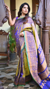 Rang Mahal ~ Gadwal Pure Silk Handloom Saree in Dual Tone Gold Blue (With Silk Mark) - verymuchindian.com