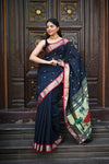 Rang Mahal ~ Handloom Pure Cotton Paithani in Black with Pichwai Pallu - verymuchindian.com