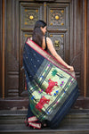 Rang Mahal ~ Handloom Pure Cotton Paithani in Black with Pichwai Pallu - verymuchindian.com