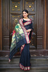 Rang Mahal ~ Handloom Pure Cotton Paithani in Black with Pichwai Pallu - verymuchindian.com