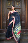 Rang Mahal ~ Handloom Pure Cotton Paithani in Black with Pichwai Pallu - verymuchindian.com