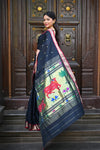 Rang Mahal ~ Handloom Pure Cotton Paithani in Black with Pichwai Pallu - verymuchindian.com