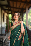 Rang Mahal ~ Handloom Pure Cotton Paithani in Dark Green with Nath Pallu - verymuchindian.com