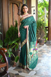 Rang Mahal ~ Handloom Pure Cotton Paithani in Green with Pichwai Pallu - verymuchindian.com