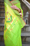 Rang Mahal ~ Handloom Pure Cotton Paithani in Lime Green with Asawali Pallu - verymuchindian.com