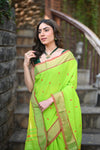 Rang Mahal ~ Handloom Pure Cotton Paithani in Lime Green with Asawali Pallu - verymuchindian.com