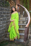 Rang Mahal ~ Handloom Pure Cotton Paithani in Lime Green with Asawali Pallu - verymuchindian.com