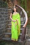 Rang Mahal ~ Handloom Pure Cotton Paithani in Lime Green with Asawali Pallu - verymuchindian.com
