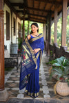 Rang Mahal ~ Handloom Pure Cotton Paithani in Regal Dark Blue with Oldest Asawali Pallu - verymuchindian.com