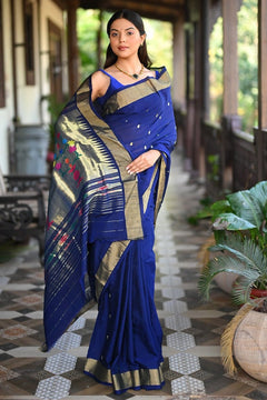 Rang Mahal ~ Handloom Pure Cotton Paithani in Regal Dark Blue with Oldest Asawali Pallu - verymuchindian.com