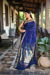 Rang Mahal ~ Handloom Pure Cotton Paithani in Regal Dark Blue with Oldest Asawali Pallu - verymuchindian.com