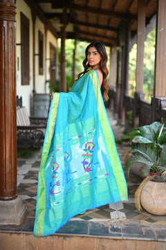 Rang Mahal ~ Handloom Pure Cotton Paithani in Turquoise Blue with Lotus Pallu - verymuchindian.com