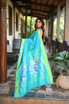 Rang Mahal ~ Handloom Pure Cotton Paithani in Turquoise Blue with Lotus Pallu - verymuchindian.com