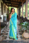 Rang Mahal ~ Handloom Pure Cotton Paithani in Turquoise Blue with Lotus Pallu - verymuchindian.com