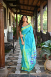 Rang Mahal ~ Handloom Pure Cotton Paithani in Turquoise Blue with Lotus Pallu - verymuchindian.com