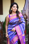Rang Mahal ~ Handloom Pure Silk Brocade Maharani Paithani in Blue with Purple Border (With Silk Mark) - verymuchindian.com