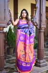 Rang Mahal ~ Handloom Pure Silk Brocade Maharani Paithani in Blue with Purple Border (With Silk Mark) - verymuchindian.com