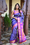 Rang Mahal ~ Handloom Pure Silk Brocade Maharani Paithani in Blue with Purple Border (With Silk Mark) - verymuchindian.com