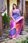 Rang Mahal ~ Handloom Pure Silk Brocade Maharani Paithani in Blue with Purple Border (With Silk Mark) - verymuchindian.com