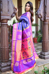 Rang Mahal ~ Handloom Pure Silk Brocade Maharani Paithani in Blue with Purple Border (With Silk Mark) - verymuchindian.com
