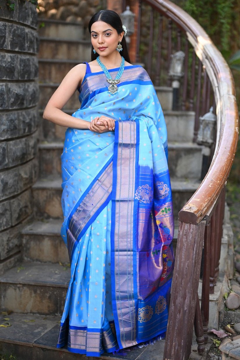 Rang Mahal ~ Handloom Pure Silk Kalanjali Paithani Maharani Paithani in Sky Blue (With Silk Mark) - verymuchindian.com