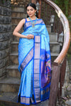 Rang Mahal ~ Handloom Pure Silk Kalanjali Paithani Maharani Paithani in Sky Blue (With Silk Mark) - verymuchindian.com