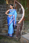 Rang Mahal ~ Handloom Pure Silk Kalanjali Paithani Maharani Paithani in Sky Blue (With Silk Mark) - verymuchindian.com