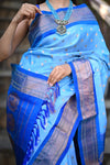 Rang Mahal ~ Handloom Pure Silk Kalanjali Paithani Maharani Paithani in Sky Blue (With Silk Mark) - verymuchindian.com