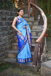 Rang Mahal ~ Handloom Pure Silk Kalanjali Paithani Maharani Paithani in Sky Blue (With Silk Mark) - verymuchindian.com