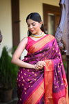 Rang Mahal ~ Handloom Pure Silk Maharani Paithani in Beautiful Wine with Pink Border all over Buttis (With Silk Mark) - verymuchindian.com