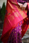 Rang Mahal ~ Handloom Pure Silk Maharani Paithani in Beautiful Wine with Pink Border all over Buttis (With Silk Mark) - verymuchindian.com