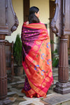 Rang Mahal ~ Handloom Pure Silk Maharani Paithani in Beautiful Wine with Pink Border all over Buttis (With Silk Mark) - verymuchindian.com