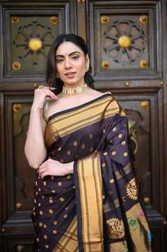 Rang Mahal ~ Handloom Pure Silk Maharani Paithani in Coffee Brown (With Silk Mark) - verymuchindian.com